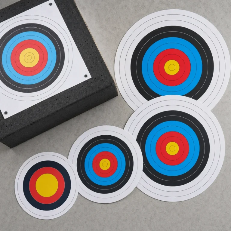 Several archery target faces arranged beside a target backing on a neutral background.