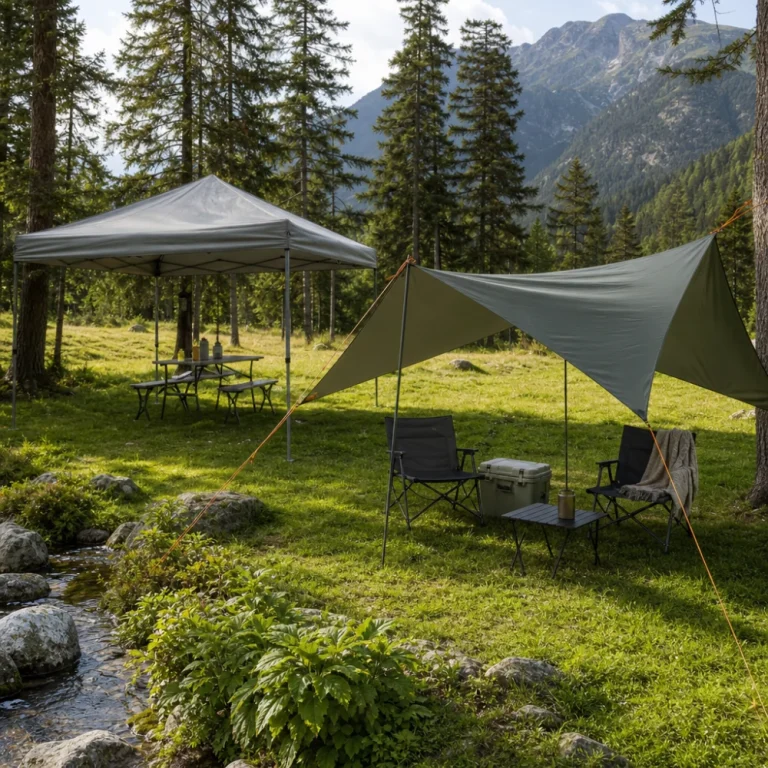 Camping tarp and canopy set up outdoors