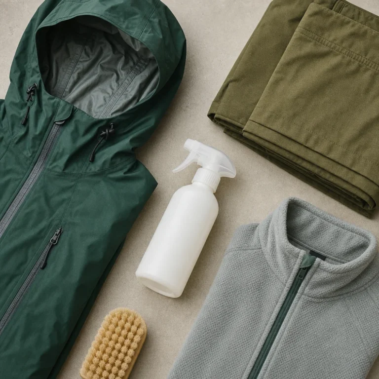 Unbranded technical clothing and a cleaning bottle arranged on a neutral surface.