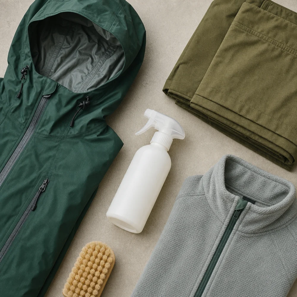 Unbranded technical clothing and a cleaning bottle arranged on a neutral surface.