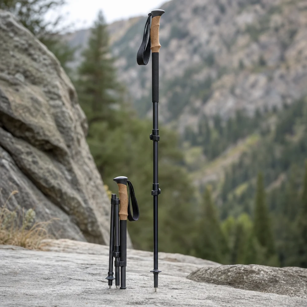 Telescoping trekking pole collapsed beside a partially extended pole for size comparison.
