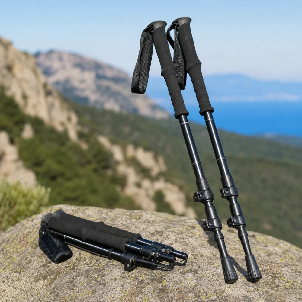 Generic telescoping trekking poles shown in collapsed and extended positions outdoors.