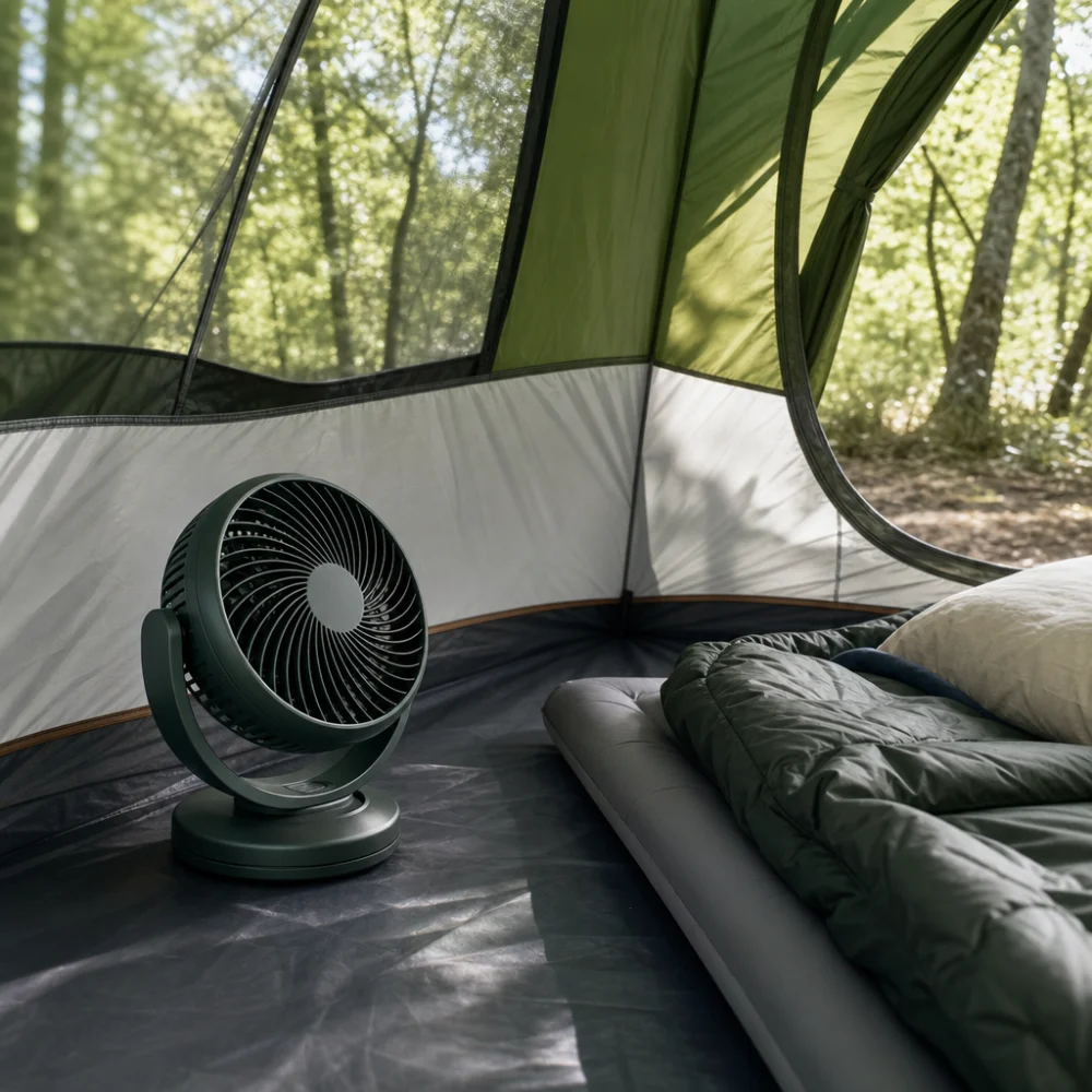 A tent interior with a simple fan positioned for camping comfort.