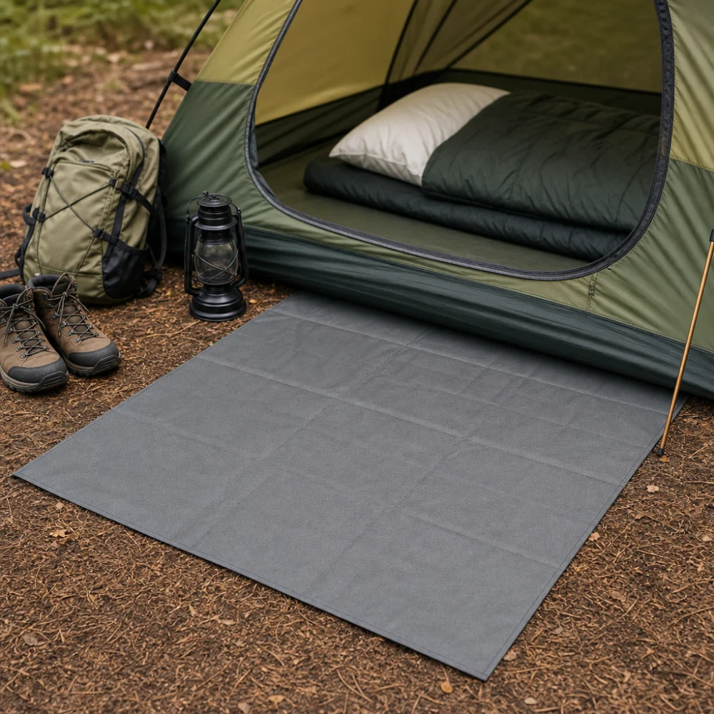 A tent floor mat placed near a tent entrance at a campsite.