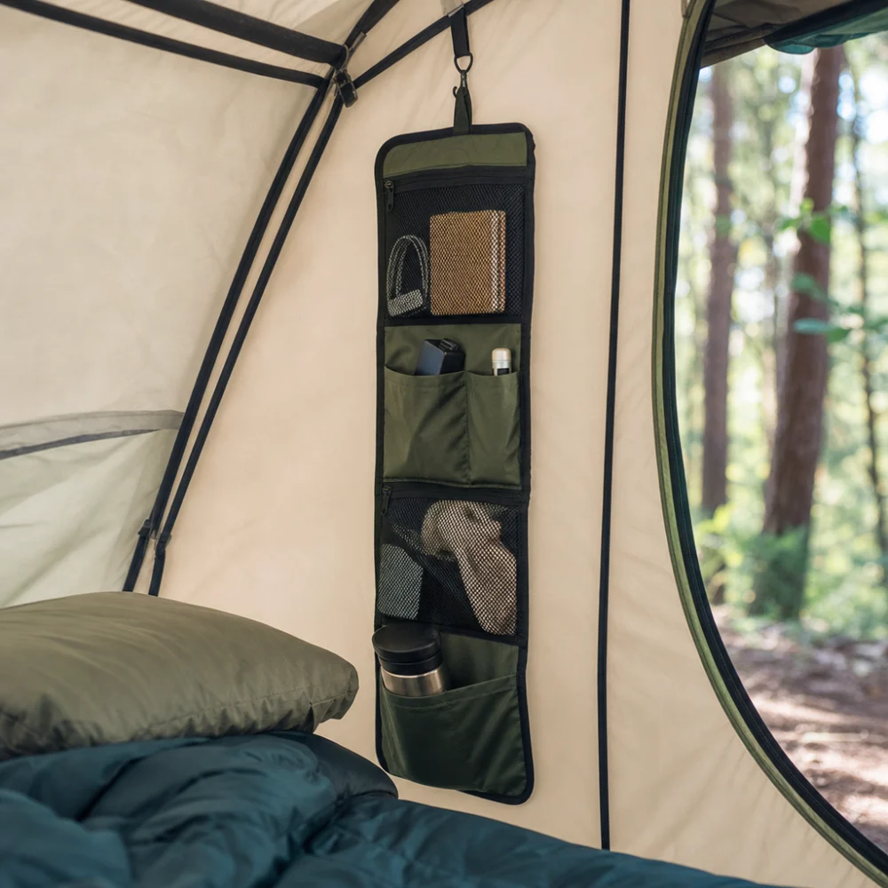 A tent interior with a hanging organizer and a few small camping essentials.