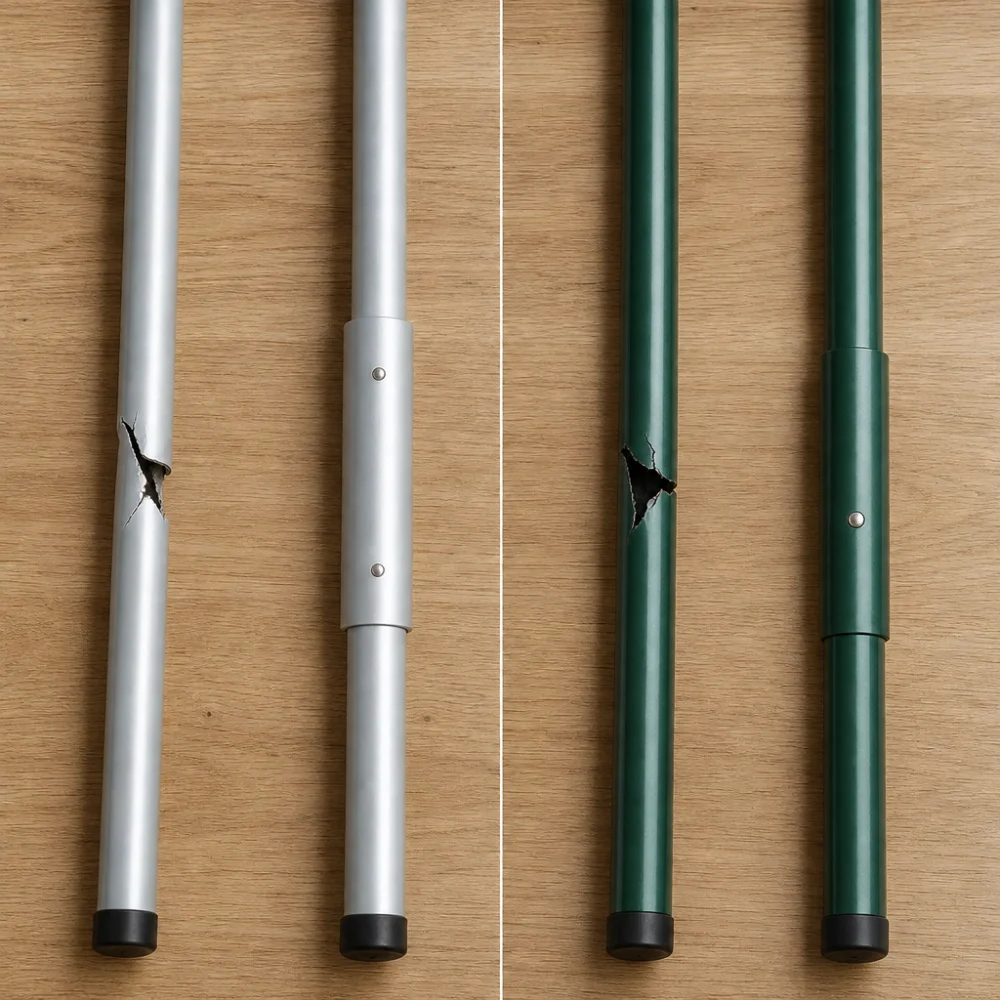 Two generic tent pole repair approaches displayed side by side.