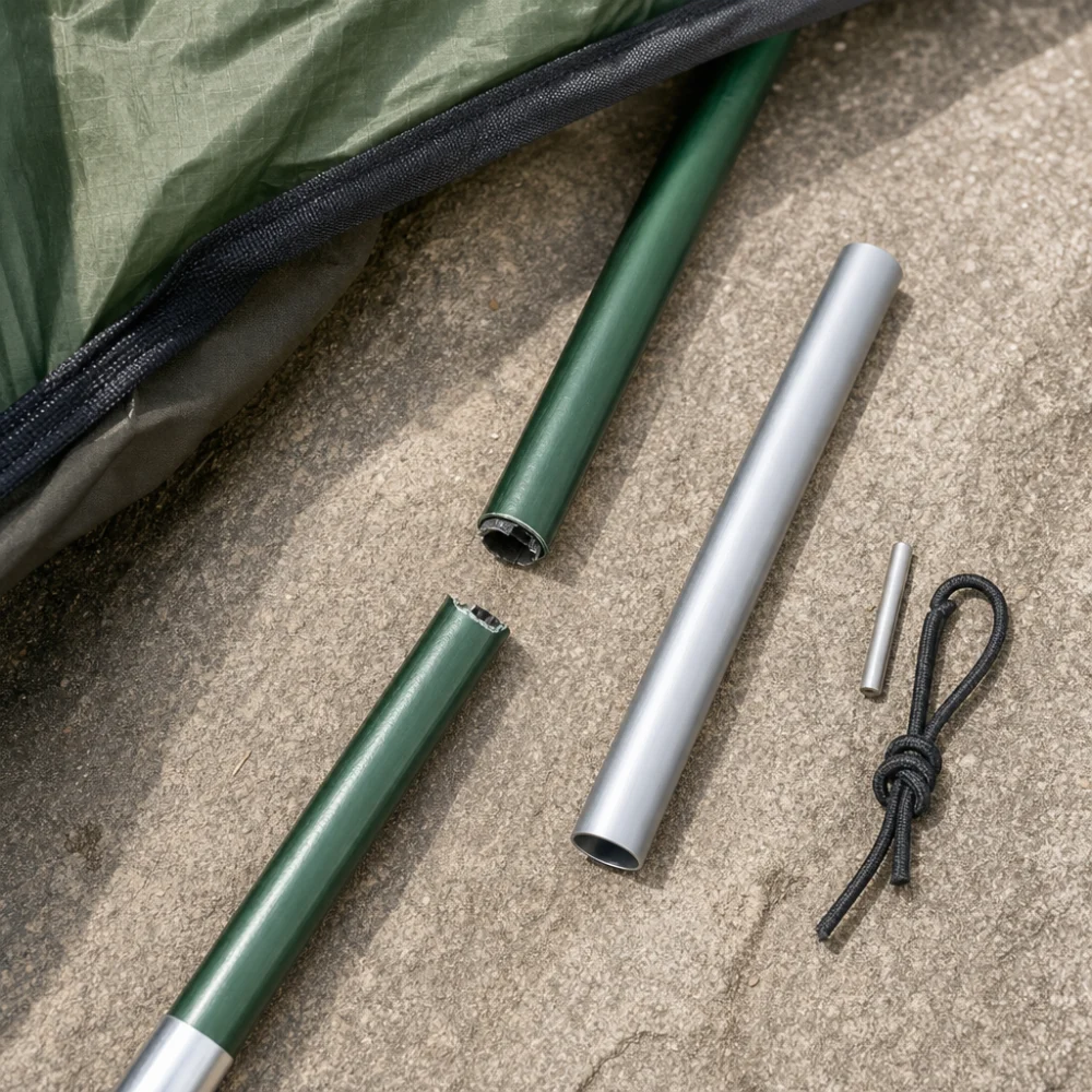 Damaged tent pole section with generic repair parts laid out on a neutral surface.