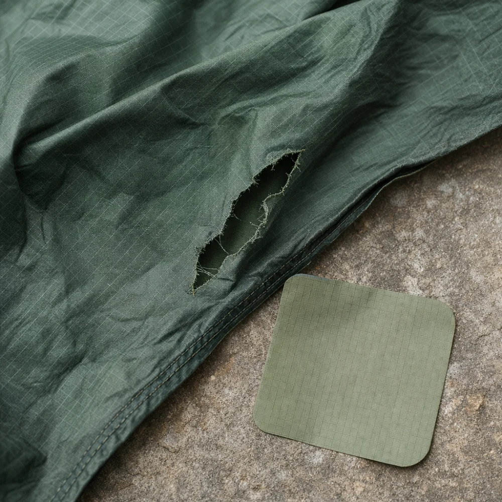 Tent fabric repair patch beside a small torn fabric sample on a neutral background.