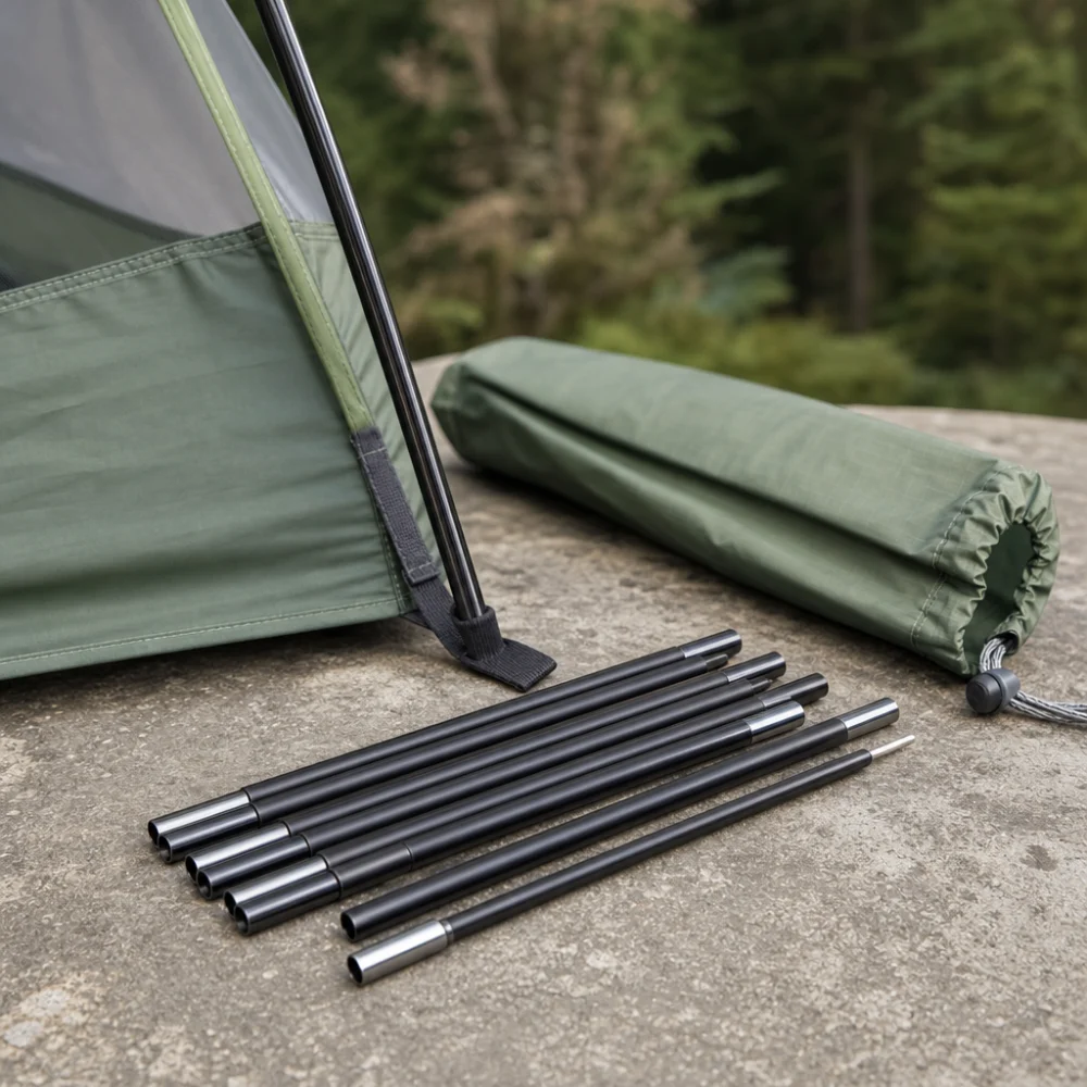 A segmented tent pole beside camping shelter gear on a neutral background.