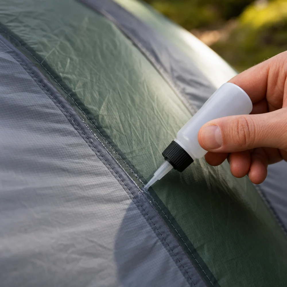 Close-up of seam sealer being applied along a tent seam