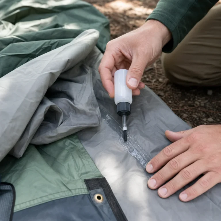Tent seam sealer application on a tent seam