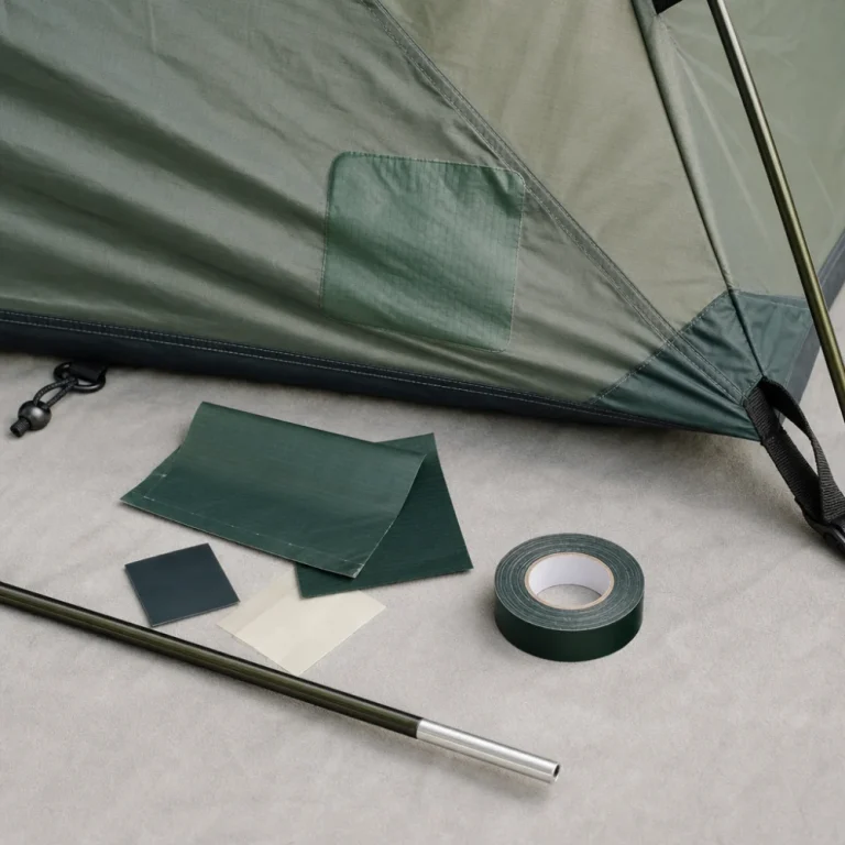 Tent repair supplies beside a tent section and pole segment