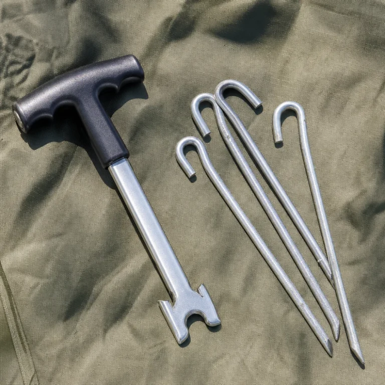 Tent stake puller shown with camping stakes on a neutral background.