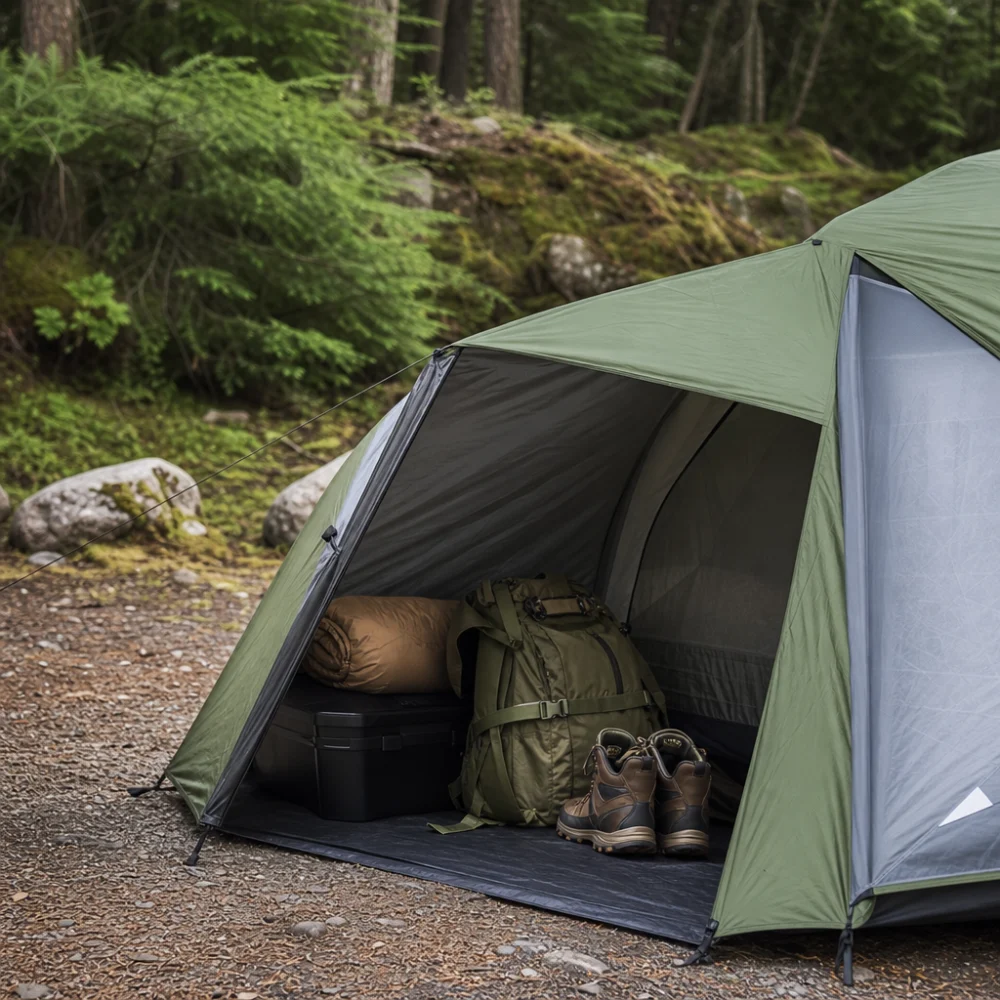 Tent with an attached vestibule creating a sheltered gear area beside the entrance.