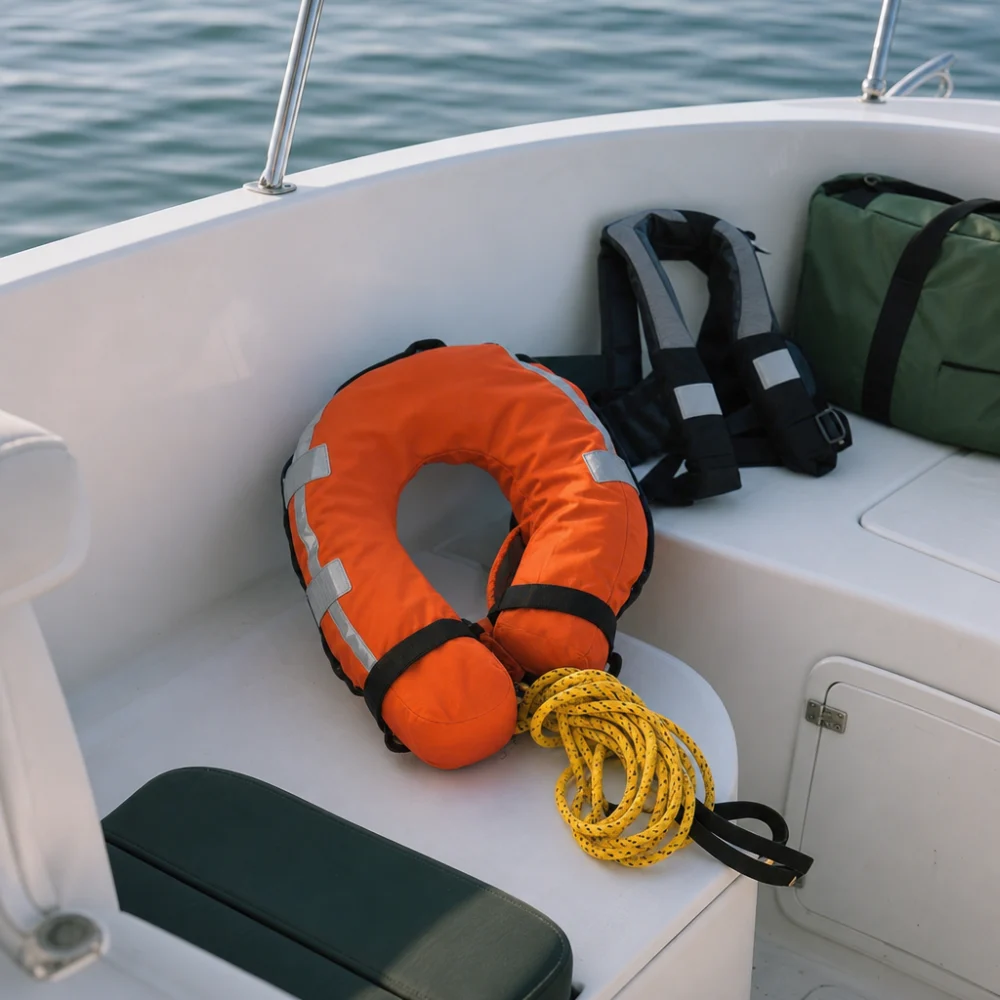 Generic throwable flotation device on a boat deck with simple marine safety gear