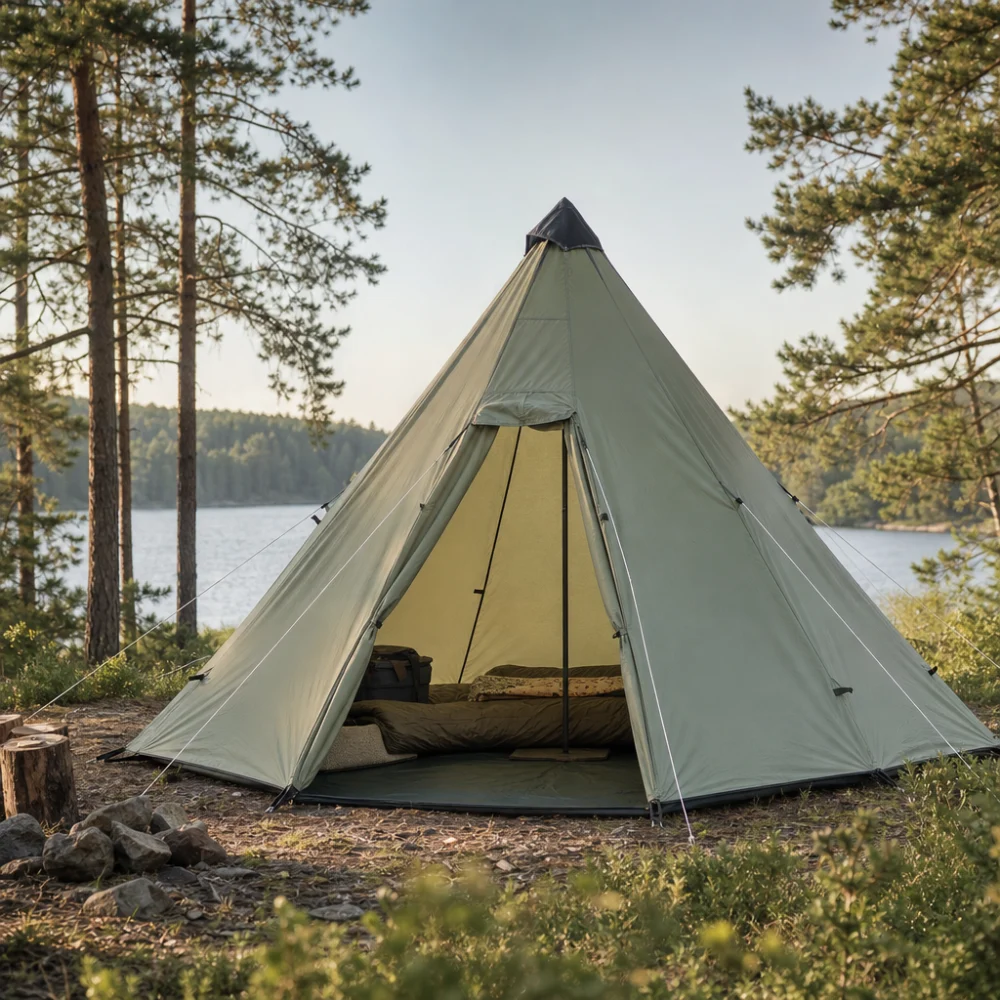 A tipi-style camping tent pitched outdoors at a campsite.