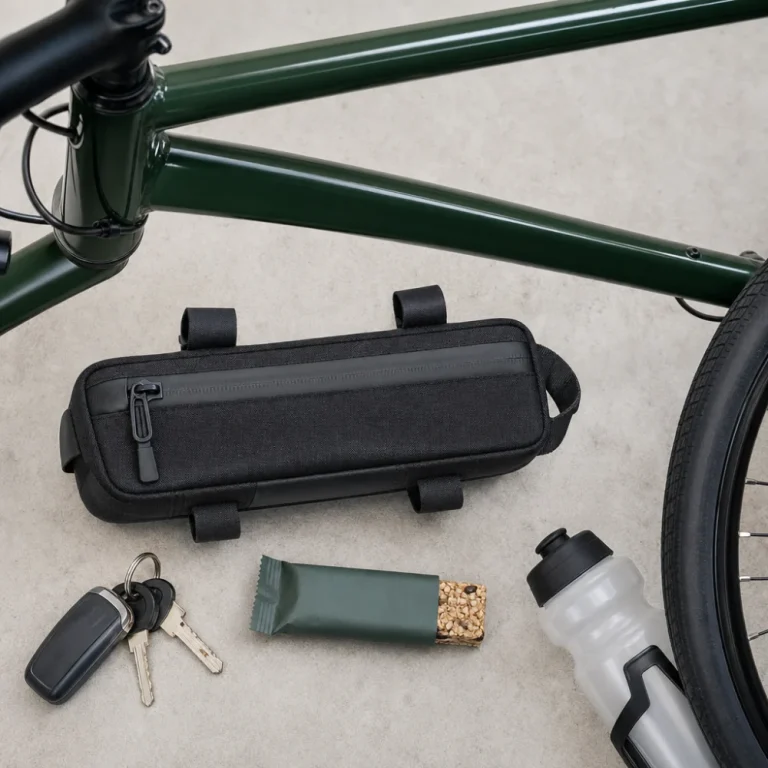 A generic top tube bag shown beside a bike frame with small riding essentials.