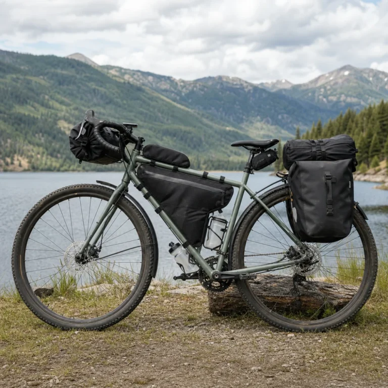 A touring bike set up for travel with luggage bags