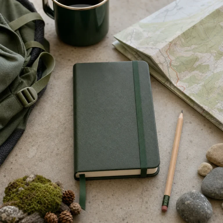 A trail journal with a pencil and hiking items laid out on a neutral surface.