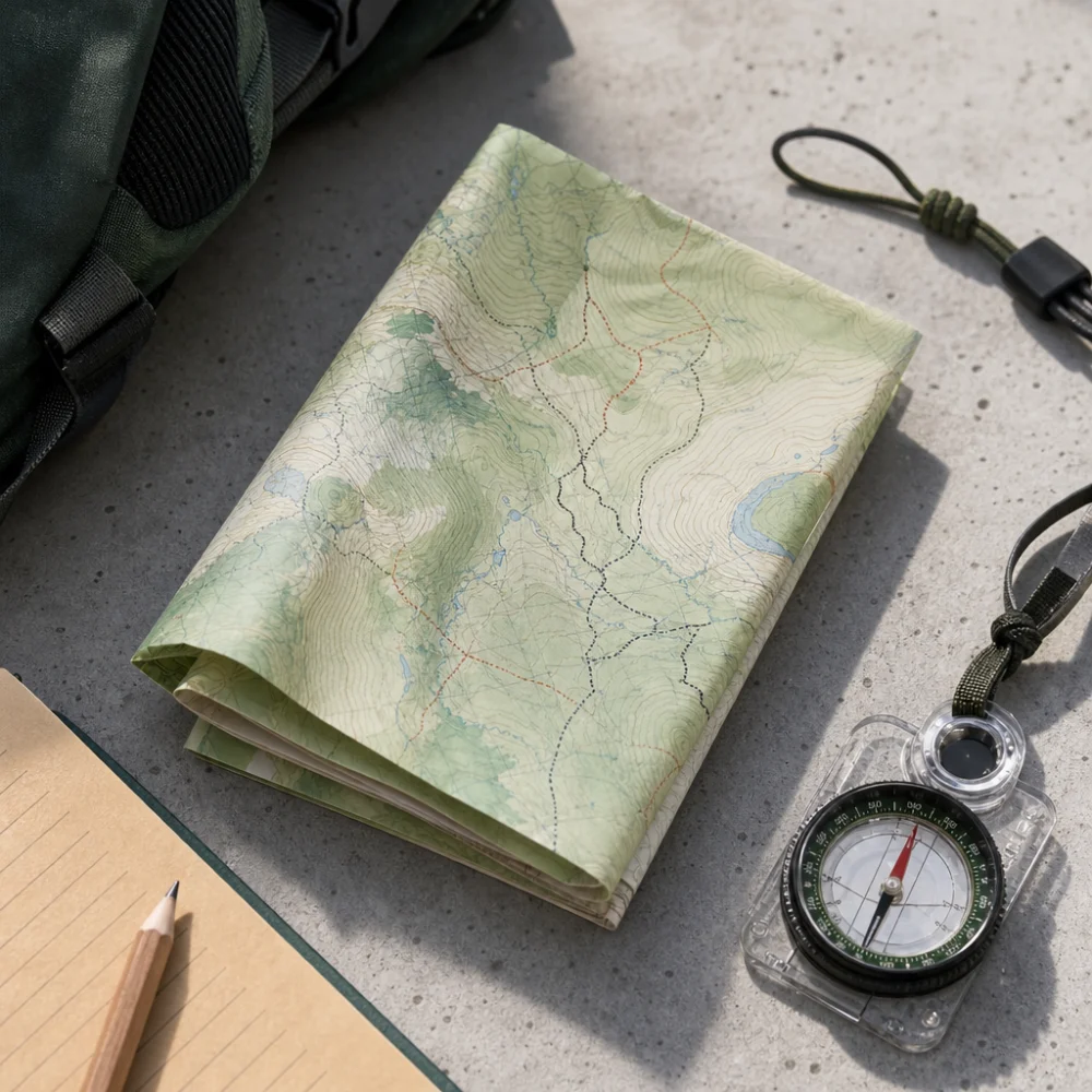 A folded trail map next to a compass and simple hiking gear on a neutral surface.