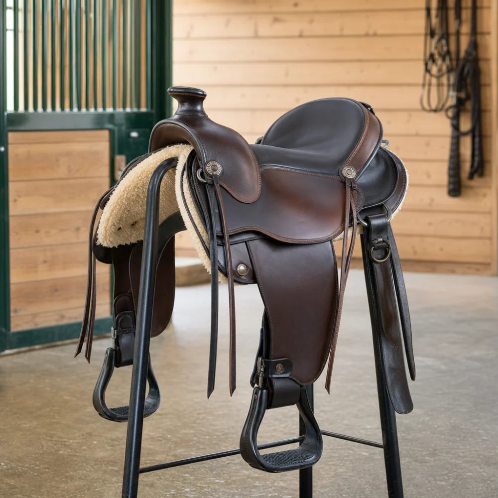 Trail saddle displayed on a neutral tack stand in a stable
