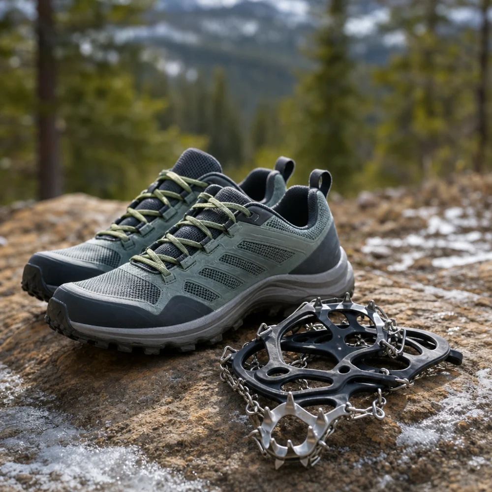 Generic trail shoes and a traction accessory on a trail surface