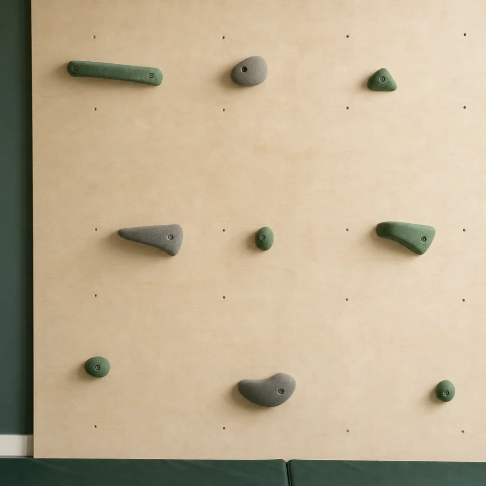 Generic training holds spaced on a climbing wall layout