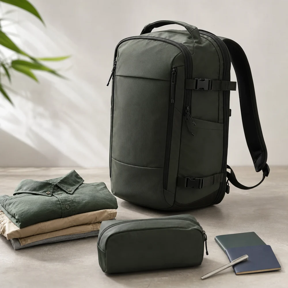 A travel backpack with neatly arranged travel essentials on a neutral surface.