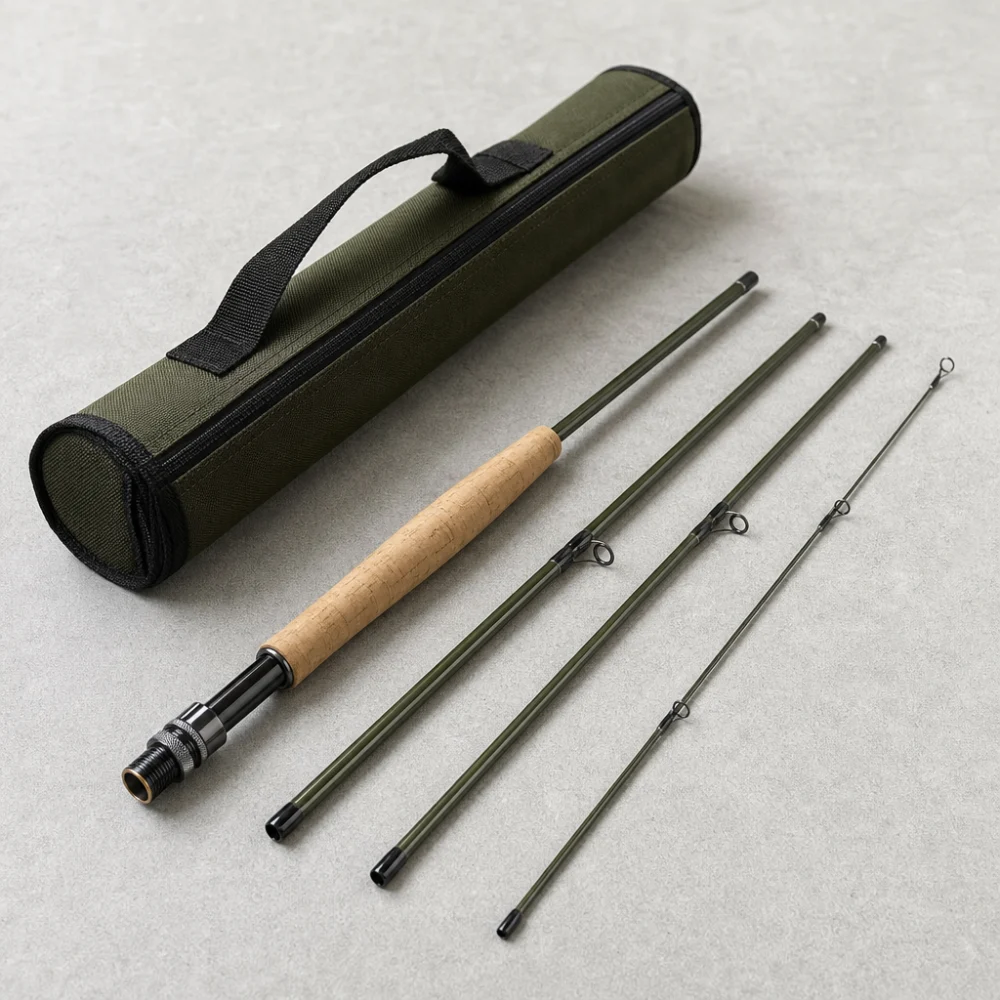 A travel fishing rod sectioned for packing next to a carrying case.