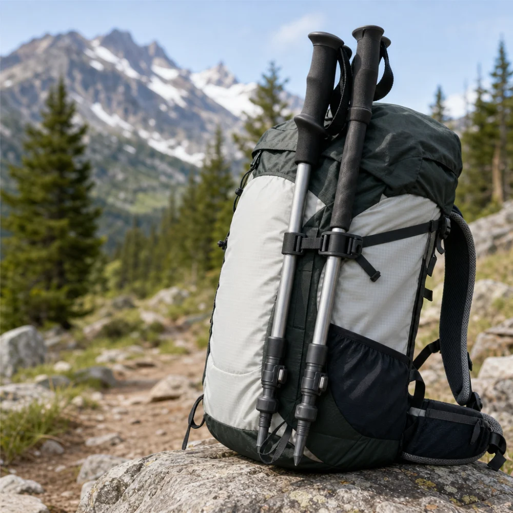 Backpack with trekking poles attached using a generic carry accessory