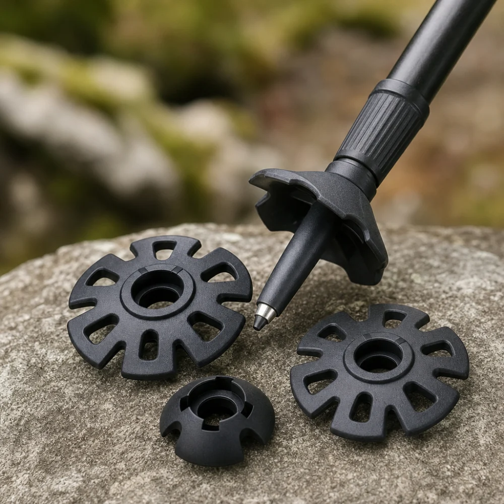 Unbranded trekking pole baskets arranged beside a trekking pole tip on a neutral background.