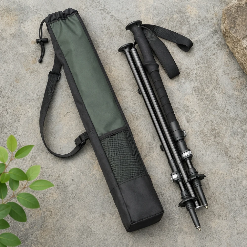 A trekking pole carrying case shown beside collapsed trekking poles on a neutral surface.