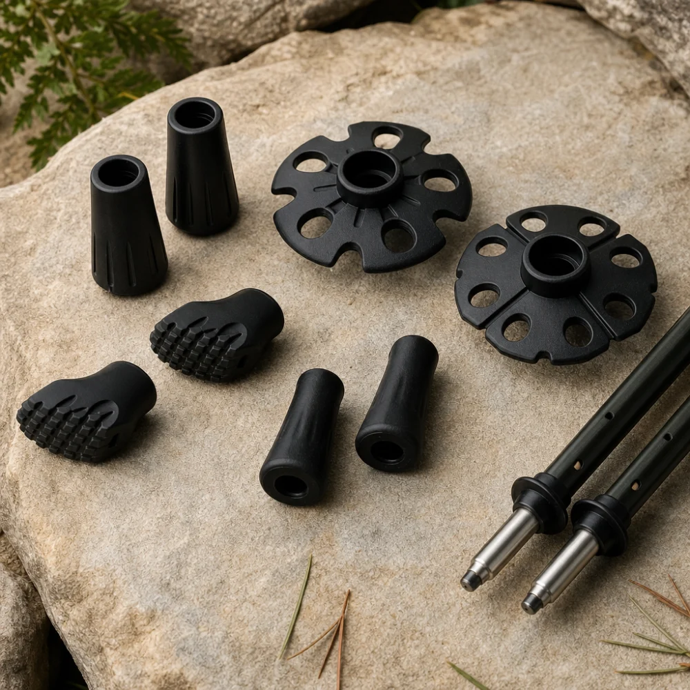 Generic trekking pole replacement parts arranged neatly for comparison.
