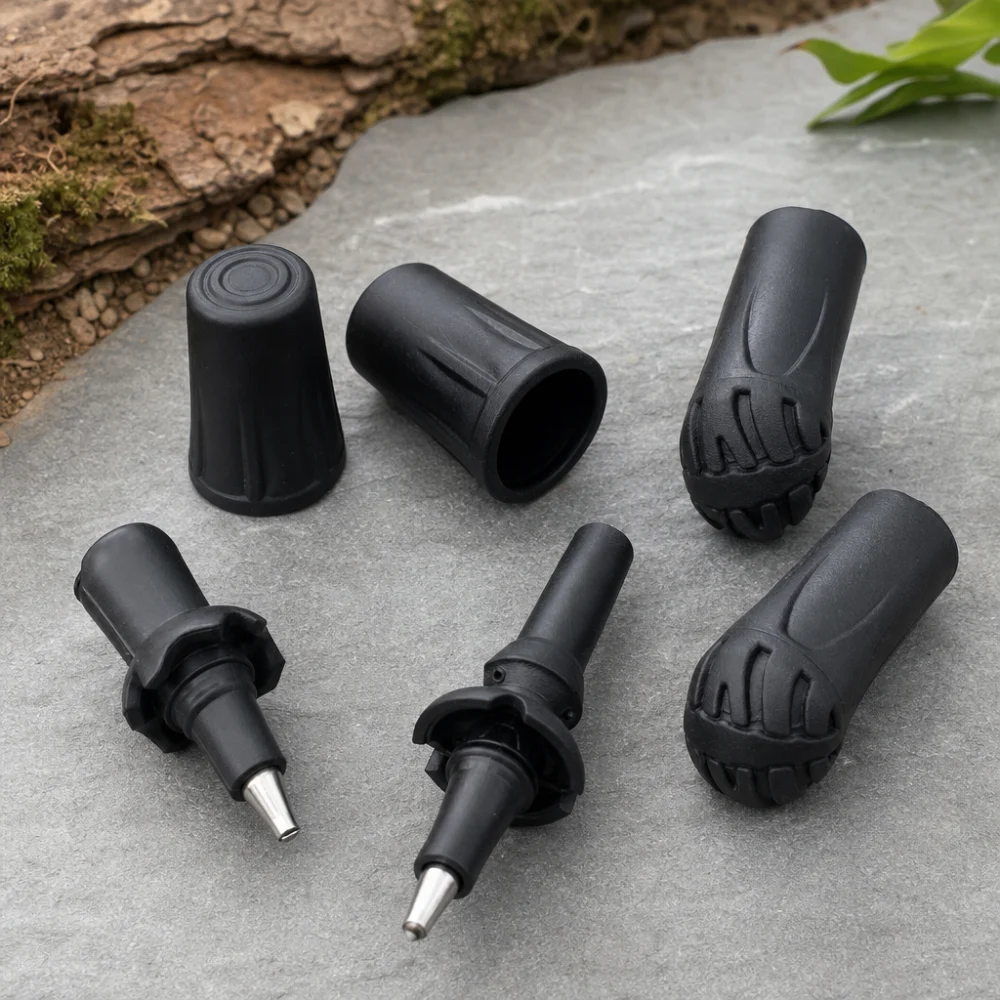 Several generic trekking pole tips arranged on a neutral surface