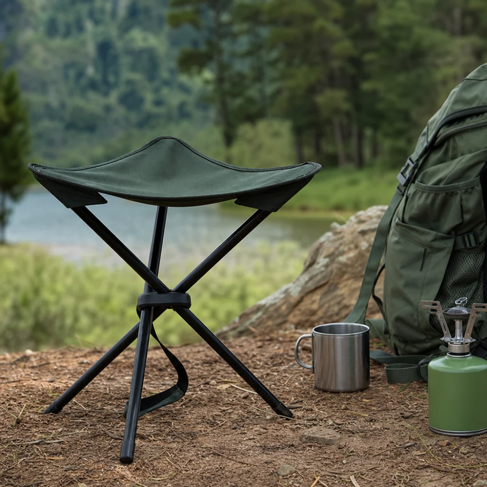 A generic tripod camp seat set up outdoors beside camping gear.