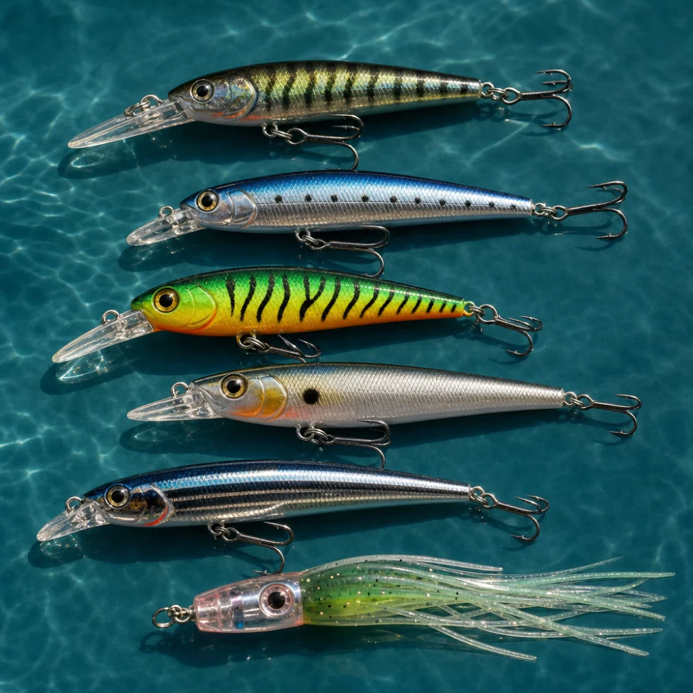Several generic trolling lures arranged on a water-toned background