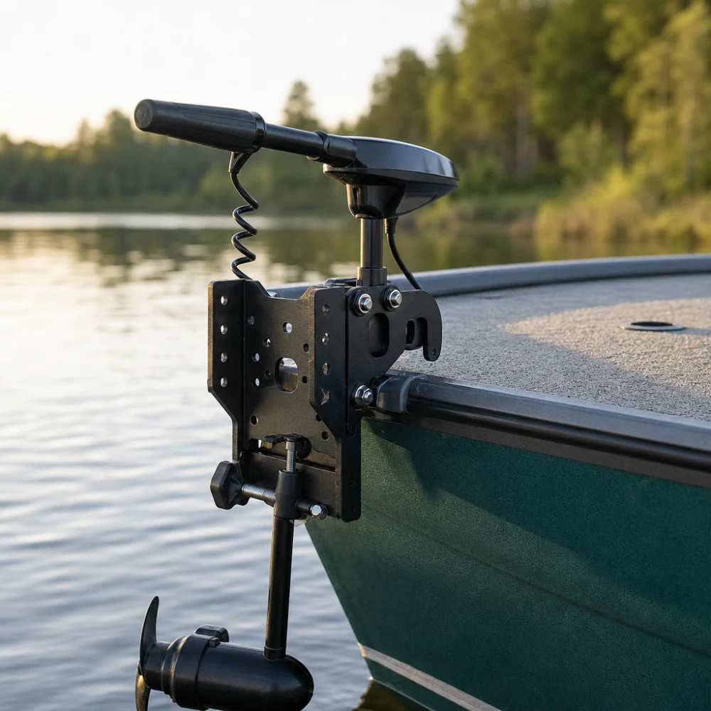 Generic trolling motor mount displayed near a boat mounting area