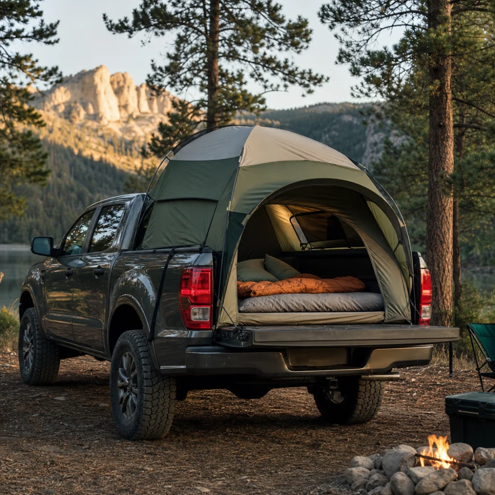 Pickup truck with a truck bed tent set up at a campsite
