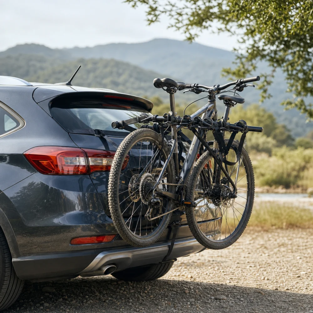 A trunk bike rack mounted on a car with bikes loaded