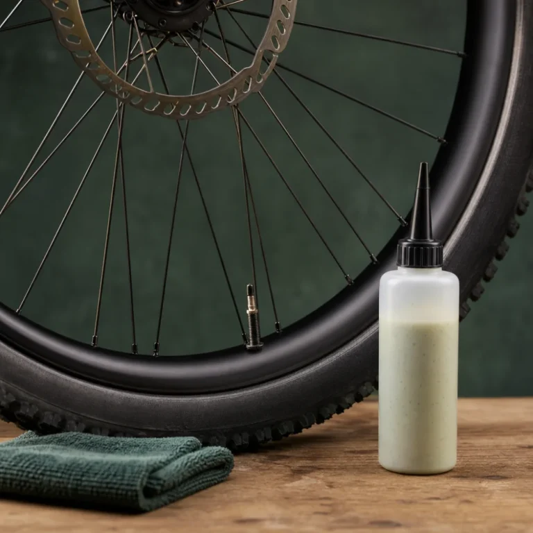 A bicycle wheel beside a generic sealant bottle for tubeless tire maintenance.