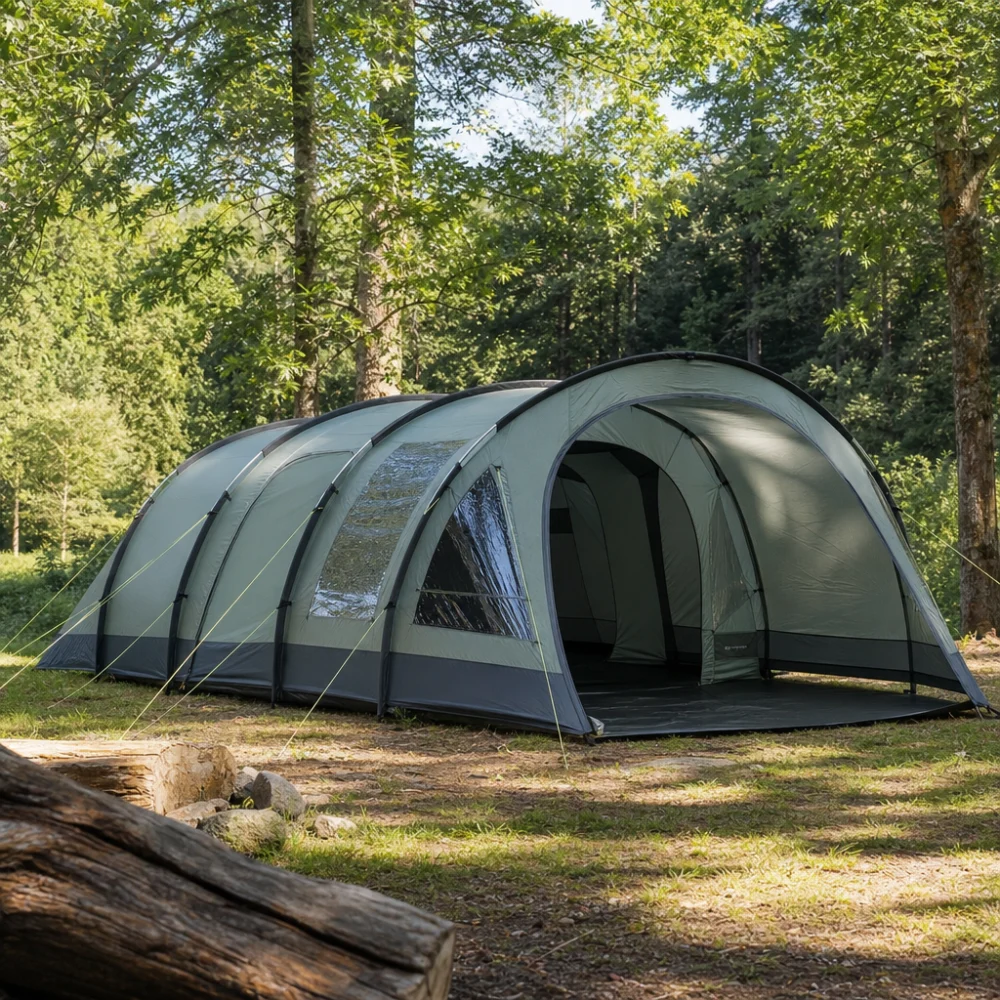 A tunnel-style family camping tent pitched at a campsite