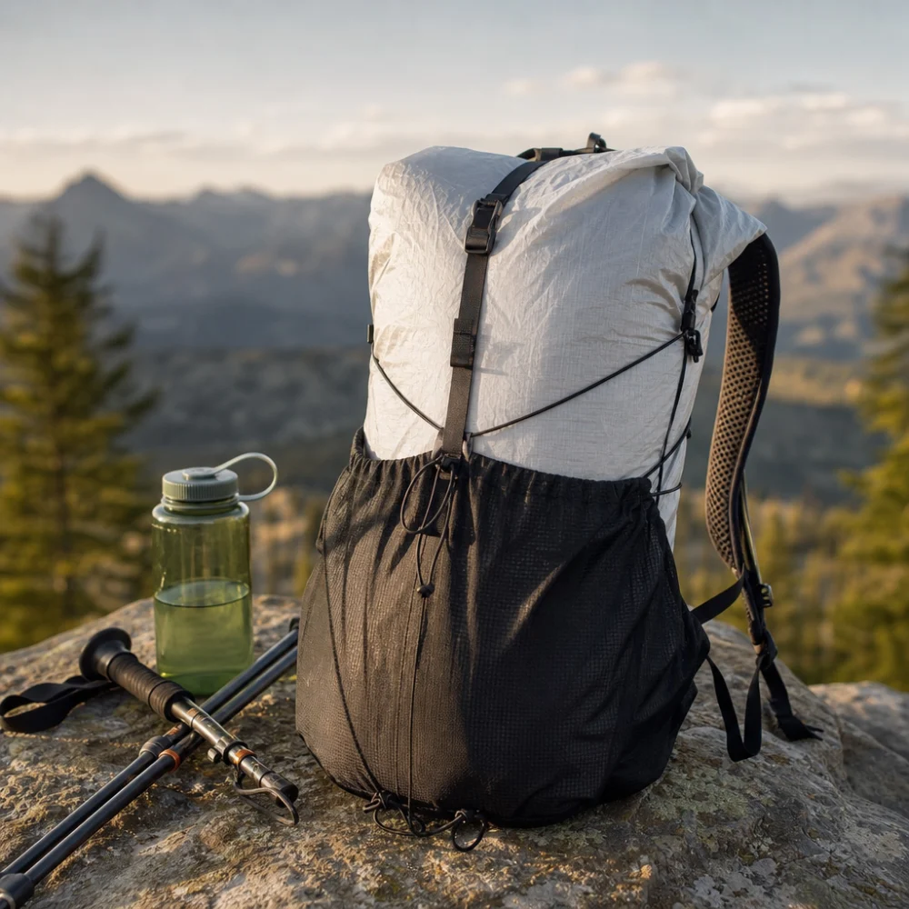 A generic ultralight hiking backpack shown with simple trail gear on a neutral background.