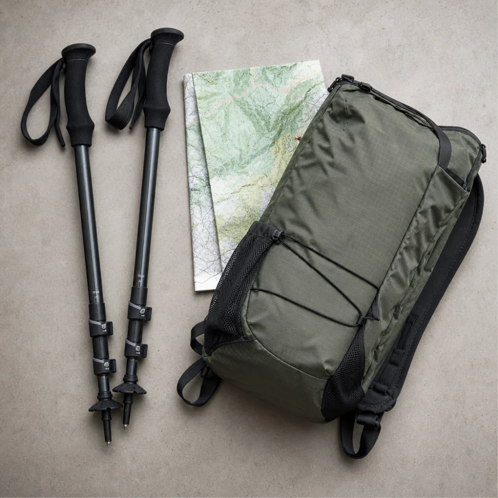 Two generic ultralight trekking poles laid beside a small backpack and trail map