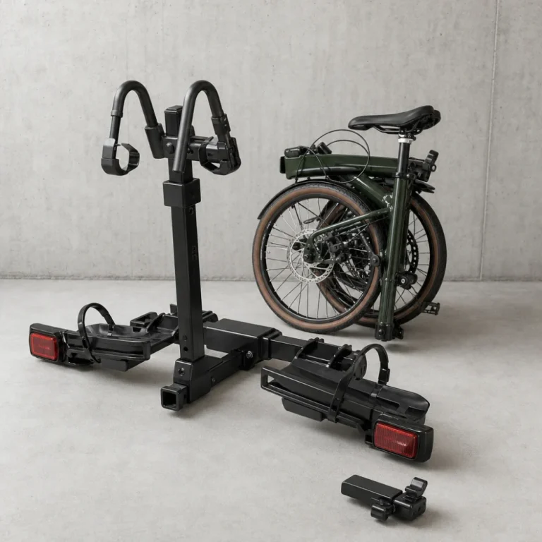 Vehicle bike rack accessory arranged beside a bike carrier component on a neutral background.