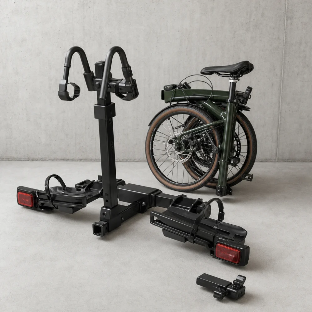 Vehicle bike rack accessory arranged beside a bike carrier component on a neutral background.