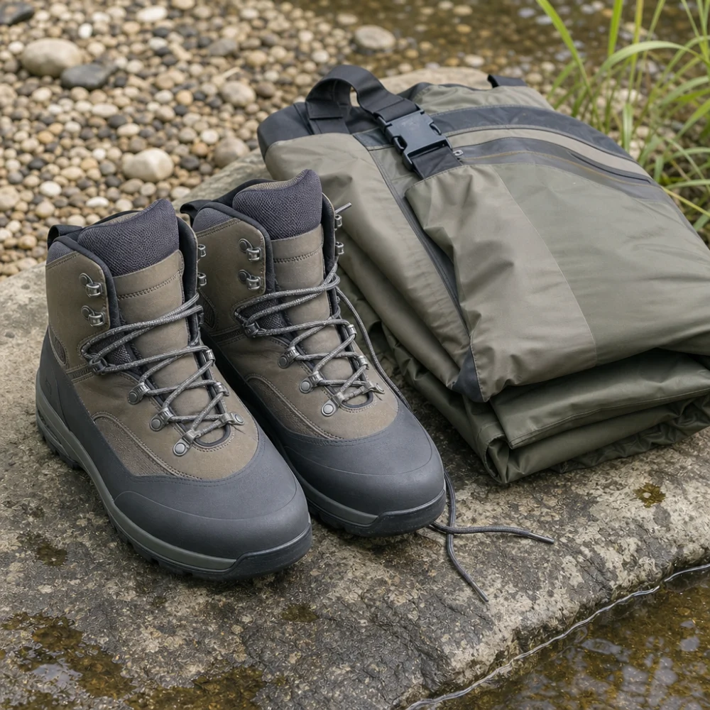Generic wading boots shown with fishing waders on a neutral outdoor surface