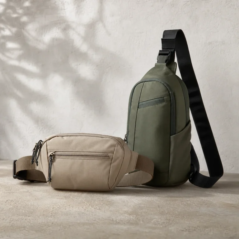 A waist pack and a sling bag on a plain background