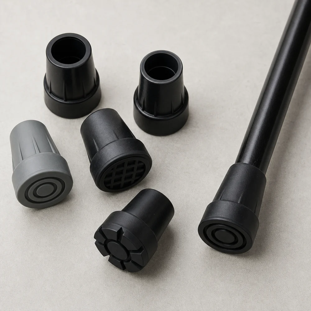 Assorted walking cane tips arranged beside a cane end on a neutral background.