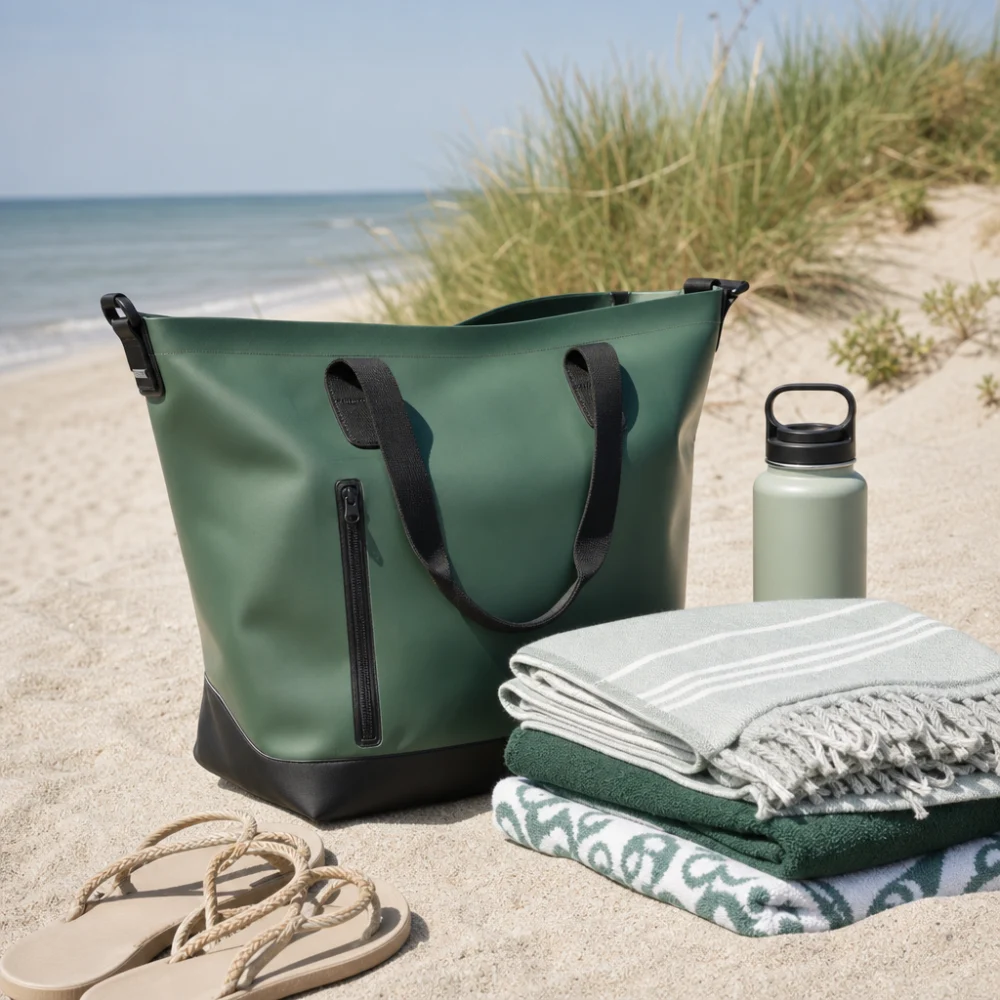 Waterproof beach bag with folded beach essentials on sand