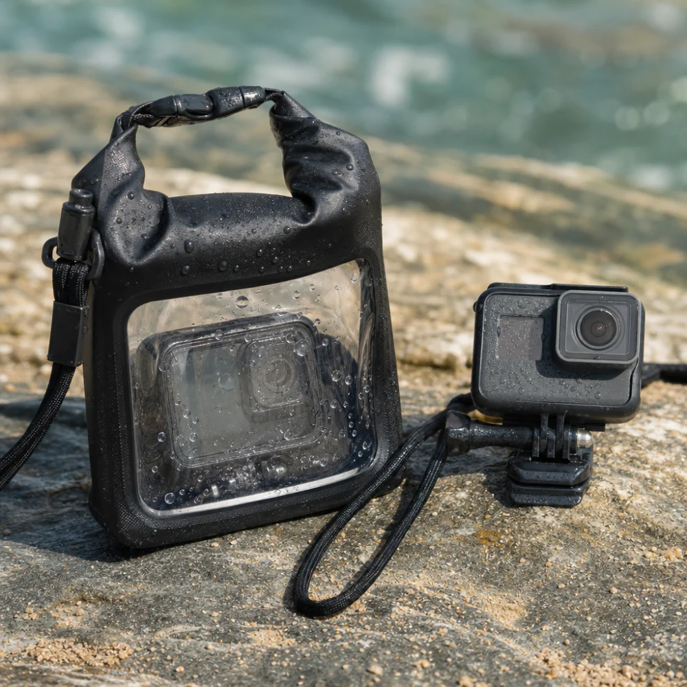 A waterproof camera pouch next to a small camera setup on a neutral surface
